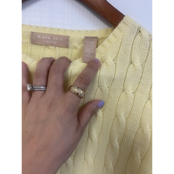 KATE HILL Yellow cable knit Pima cotton crewneck sweater size X-Large Preppy - Picture 3 of 5